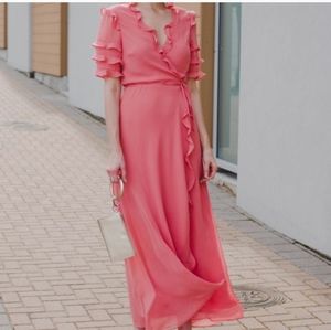 NWOT Wayf Coral Ruffle Wrap Maxi Dress Size Small